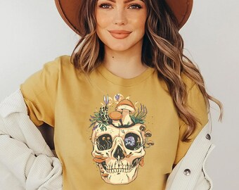 Mystic Skull Shirt, Cottagecore, Gothic, Spiritualiteit Shirt, Crescent Moon Shirt, Dark Academia, Mushroom Shirt Magic Mushrooms Witchy Shirt