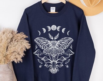 Luna Moth Sweater, Cottagecore, Gothic, Spirituality Shirt, Crescent Moon Shirt Dark Academia Mushroom Shirt Magic Mushrooms Witchy Shirt