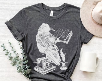 Reading Raven Shirt, Witchy Shirt, Pastel Goth, Celestial Shirt, Cottagecore Shirt, Witchy Clothing, Dark Academia Shirt, Occult Shirt, Crow