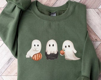 Cute Pumpkin Ghost Sweatshirt, Halloween Shirt, Halloween Sweatshirt, Spooky Season Shirt, Spooky Vibes, Halloween Crewneck Halloween Shirts