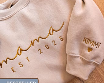 Individuell besticktes Sweatshirt Mama Est. 2025 Pullover, personalisierte Kinder Name Sleeve Print Sweatshirt, Muttertagsgeschenk für Baby Ankündigung