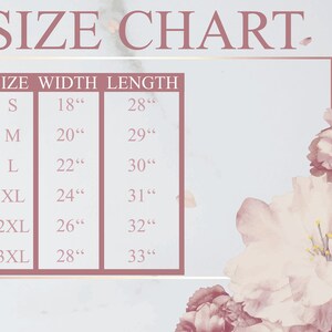 May include: Size chart for clothing with measurements in inches. The chart shows the width and length of sizes S, M, L, XL, 2XL, and 3XL.