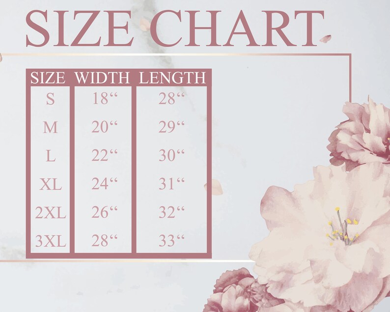 May include: Size chart for clothing with measurements in inches. The chart shows the width and length of sizes S, M, L, XL, 2XL, and 3XL.
