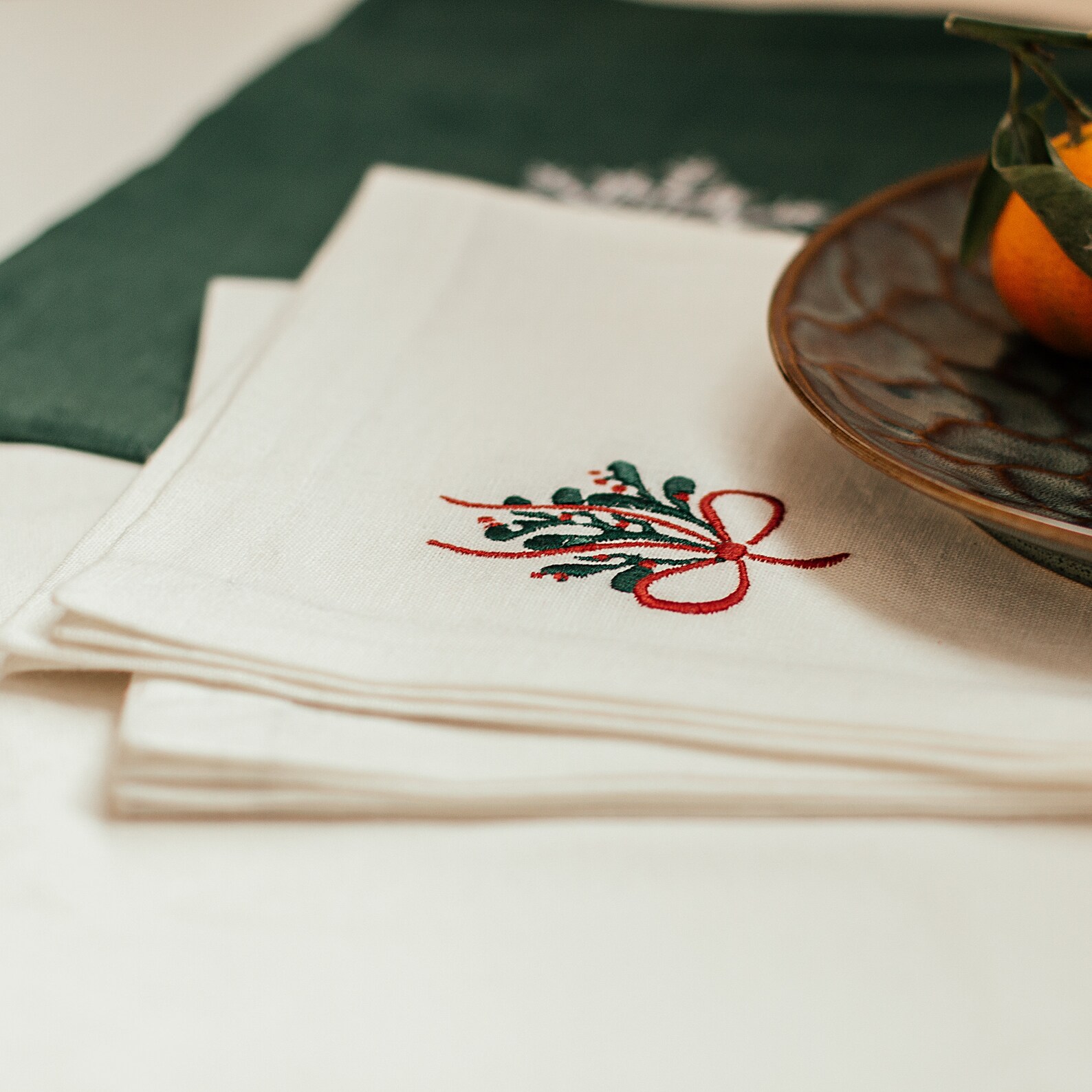 Mistletoe linen napkins Embroidered white linen napkins Etsy