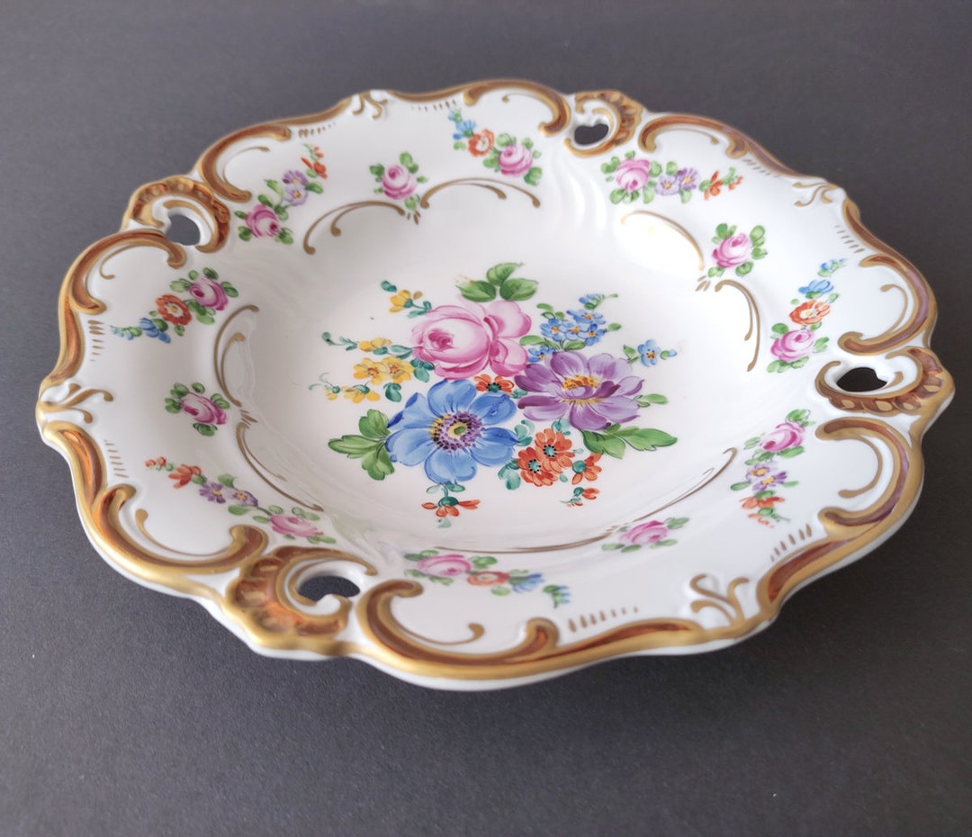 Weimar Porcelain Bowl Ceremonial Plate Collection Plate Flowers Gold