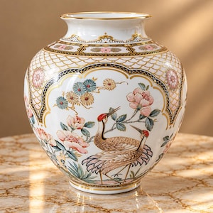 Könnte beinhalten: Eine weiße Porzellanvase mit goldfarbenem Rand und einem dekorativen Muster aus zwei Kranichen, rosa Pfingstrosen und blauen Blumen. Der obere Bereich zeigt ein gold umrandetes Schuppenmuster mit kleinen rosa floralen Akzenten.