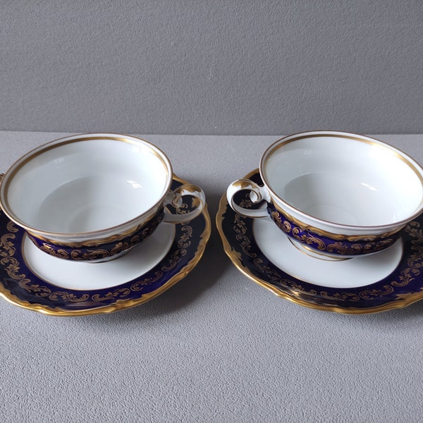 Reichenbach Echt Kobalt 2 Soup Cups Gold Rose Baroque Showcase Pieces