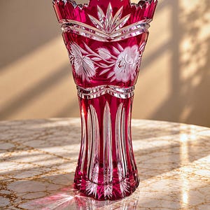Könnte beinhalten: Eine hohe, tief magentafarbene Vase aus geschliffenem Glas mit einem gezackten, wellenförmigen Rand und detaillierten Blumengravuren. Der Körper zeigt vertikale, geriffelte Paneele, die zur Basis hin in klares Glas übergehen und glänzen.