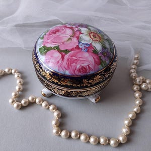 MARTINRODA Real Cobalt Lidded Jar Round Gold Decor Roses Porcelain Gold Cobalt Blue