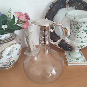 Vintage carafe, decanter, mouth-blown glass, silver-plated metal