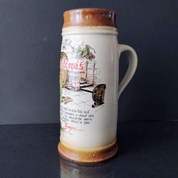Vintage Großer Keramik-Bierkrug  mit Abendgebet  Pivní otčenáš Tschechische Keramik Handdekoriert Glasiert