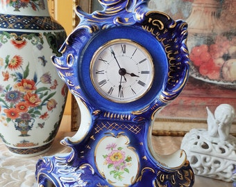 KARL ENS Orologio da tavolo in porcellana Volkstedt, orologio da camino, oro, cobalto, fiori, dipinto a mano