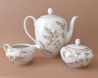 Lettin Porcelain set coffee pot, sugar bowl and cream jug gold rim
