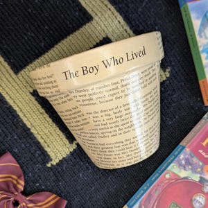May include: A decorative flower pot with text from a book, featuring the phrase "The Boy Who Lived." The pot is wrapped with pages from a book and sits on a textured surface. Other books are visible in the background.