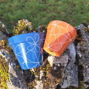May include: Two terracotta flower pots, one blue with white flowers and one orange with white flowers.