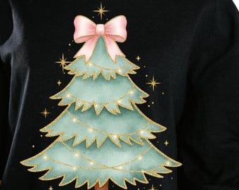 Coquette Christmas Tree PNG: Glitter, Bow, Watercolor (Digital Download)