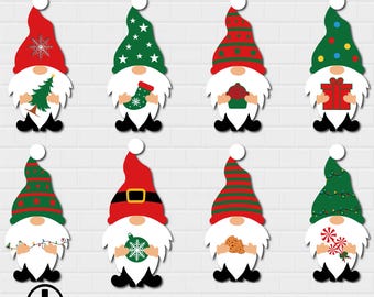 May include: Set of ten digital cut files featuring Christmas gnomes in various poses and designs. The gnomes are wearing red, green, and white hats and have white beards. They are holding various Christmas-themed items, such as presents, candy canes, and ornaments.