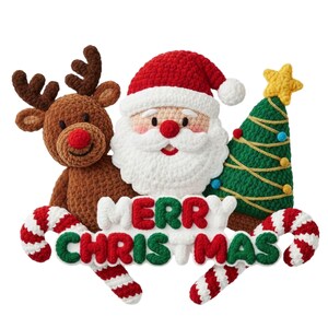 May include: A crocheted Christmas decoration featuring Santa Claus, a reindeer, and a Christmas tree. The words "MERRY CHRISTMAS" are displayed in green and red. Candy canes and a yellow star complete the festive design.