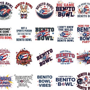 May include: A collection of colorful Benito Bowl-themed designs. The images include footballs, helmets, and text such as "Tailgate Crew," "Big Game," and "Here for the Benito Bowl Party." The designs feature the Puerto Rican flag.