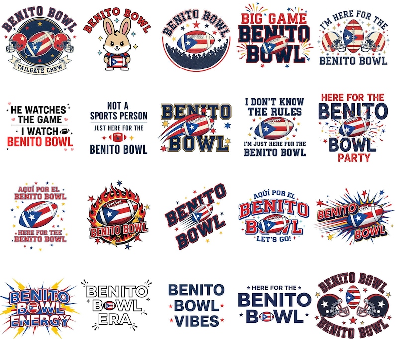 May include: A collection of colorful Benito Bowl-themed designs. The images include footballs, helmets, and text such as "Tailgate Crew," "Big Game," and "Here for the Benito Bowl Party." The designs feature the Puerto Rican flag.