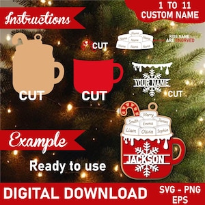 May include: A digital download graphic featuring Christmas-themed ornaments. The ornaments include a mug, a snowflake, and a mug with a candy cane handle. The text includes "Instructions", "Example", "Ready to use", and "Digital Download".