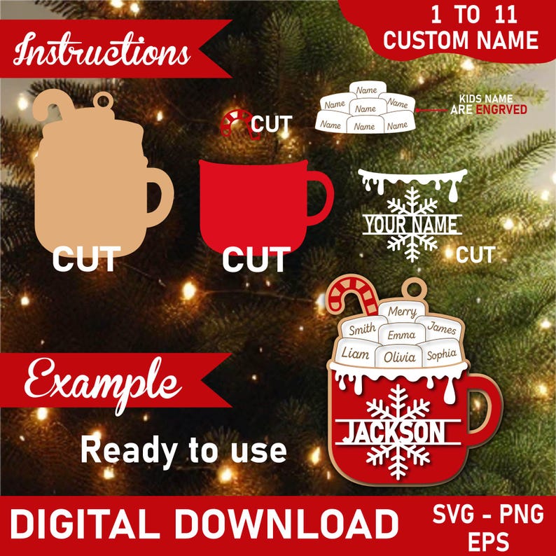 May include: A digital download graphic featuring Christmas-themed ornaments. The ornaments include a mug, a snowflake, and a mug with a candy cane handle. The text includes "Instructions", "Example", "Ready to use", and "Digital Download".