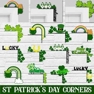 May include: A set of 10 St. Patrick's Day corner designs featuring shamrocks, rainbows, leprechauns, and other festive elements. The designs are perfect for adding a touch of Irish charm to your home decor.