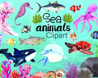 Sea Animal SVG - Set of Cute Sea Animals - Ocean Life, Undersea Clipart Instant Download PNG - Underwater Sea Creatures SVG Bundle Stickers
