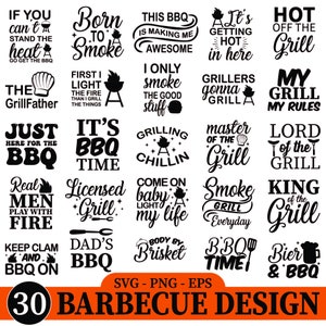 May include: A collection of 30 black and white barbecue-themed designs. The designs feature various sayings and images related to grilling, smoking, and barbecuing. Some of the sayings include "Born to Smoke", "It's BBQ Time", "Grill Master", and "King of the Grill".