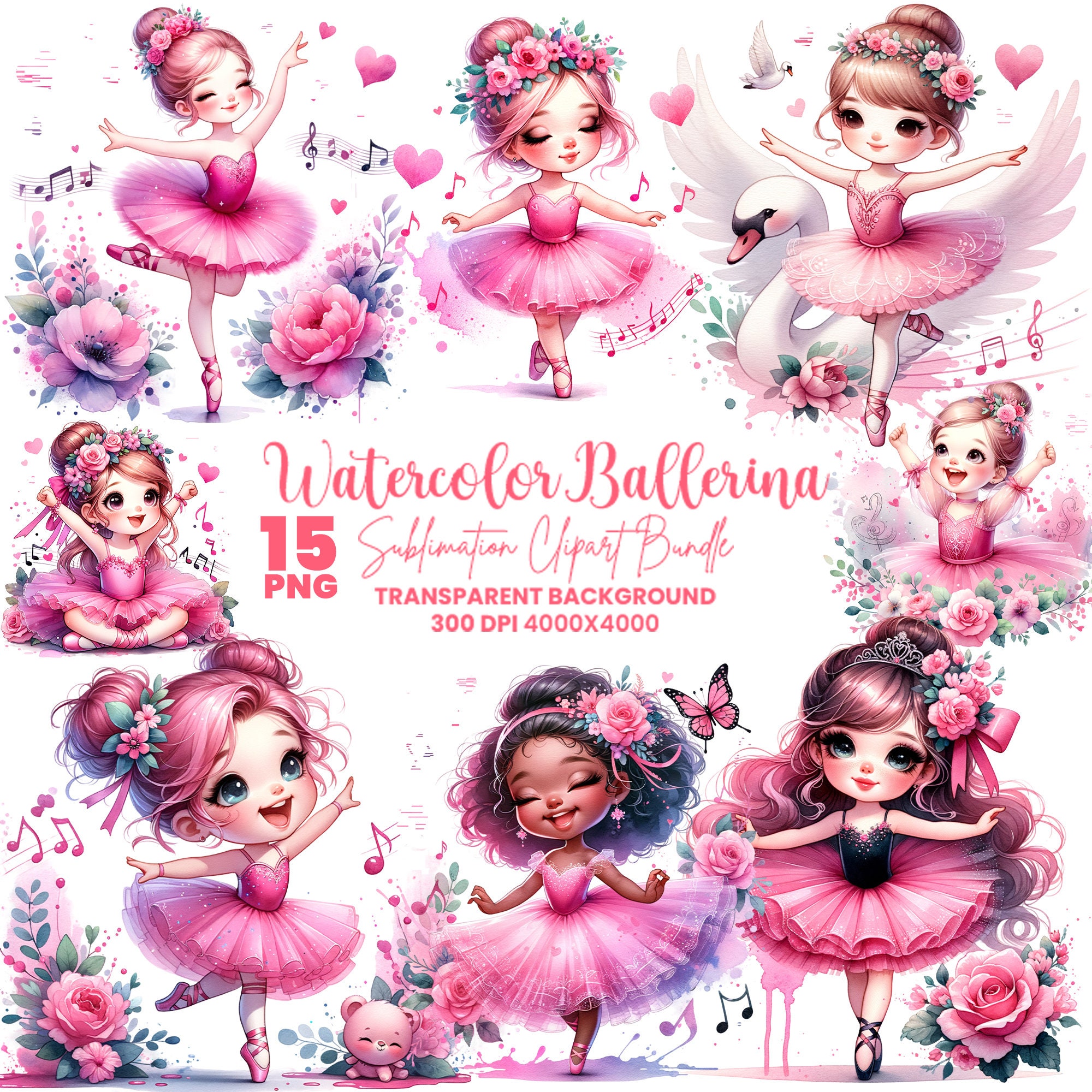 Watercolor Ballerina Clipart: Pink Ballet Girl PNG, Swan Lake - Etsy