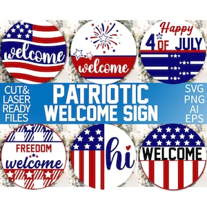 Paquete SVG de letrero de bienvenida patriótico, colgador de puerta redondo SVG, letrero del 4 de julio SVG, decoración de puerta de EE. UU., archivos de corte Glowforge para Cricut