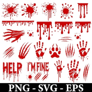 Halloween-bloed SVG, Halloween-misdaadbloed, Halloween-gesneden bestanden, bloedspetters SVG, druipt bloedige rode handafdruk, druipend horrorsilhouet