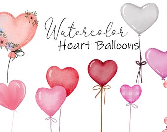 Watercolor Heart Balloons Clipart, Love, Wedding, Valentine, Romantic illustration Planner Stickers SVG Bundle