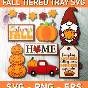 以下が含まれることがあります： カボチャ、カエデの葉、カボチャを持ったノームなど、秋をテーマにした装飾要素のコレクション。デザインには、カボチャを運ぶ赤いトラックと、「welcome FALL」と「HOME」の文字も含まれています。