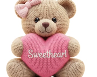Sweetheart Teddy Bear PNG | Crochet Valentine Bear, Pink Heart, Sublimation Design