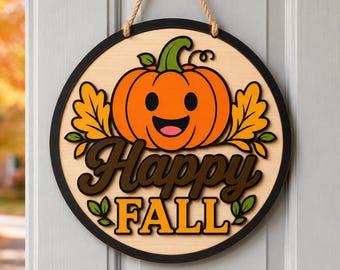 Happy Fall Door Hanger SVG, Smiling Pumpkin Autumn Sign, Fall Laser Cut File, Glowforge Cricut PNG