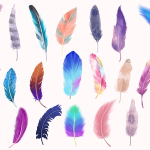 Imágenes prediseñadas de plumas de acuarela, plumas coloridas y brillantes: descarga instantánea de plumas ilustradas digitales