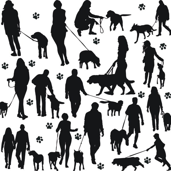 Family Silhouette SVG, Families with Dogs cut file, Dog Walking Clipart, Family Dog Image Instant Digital Download PNG