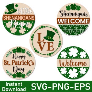 Könnte beinhalten: Satz von fünf runden, grünen und braunen SVG-Schneidedateien zum Thema St. Patrick's Day. Die Designs beinhalten Kleeblätter, Kobolde und den Text "Let the Shenanigans Begin", "Love", "Happy St. Patrick's Day", "Shenanigans Welcome" und "Welcome".