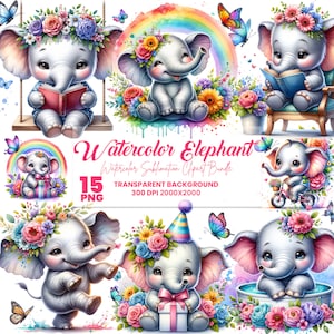 Baby Elephant Clipart Watercolor, Floral Elephant Clipart Png Files, Digital Download, Clipart Bundle, Commercial Use, Digital Download