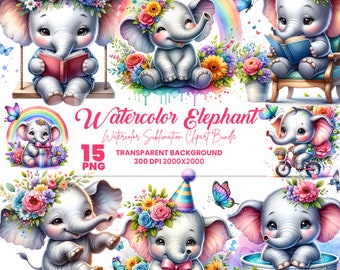 Aquarell Baby Elefant Clipart: Floral PNG Bündel (digitaler Download)
