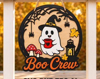 Cute Ghost Boo Crew Door Hanger SVG, Halloween Laser Cut File
