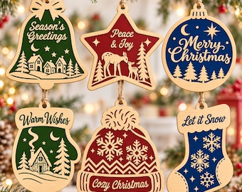 Holiday Ornament SVG Bundle, Christmas Laser Cut Files, Season’s Greetings Warm Wishes Merry Christmas Ornaments PNG