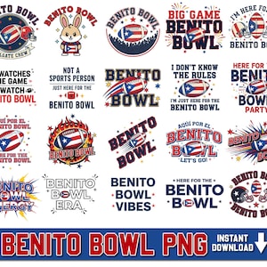 May include: A collection of colorful Benito Bowl themed graphics. Designs include footballs with the Puerto Rican flag, helmets, and text such as "Tailgate Crew" and "Big Game." The bottom banner reads "Benito Bowl PNG".