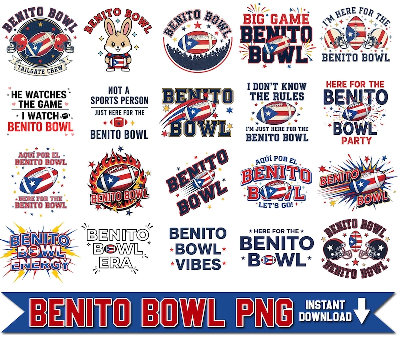 May include: A collection of colorful Benito Bowl themed graphics. Designs include footballs with the Puerto Rican flag, helmets, and text such as "Tailgate Crew" and "Big Game." The bottom banner reads "Benito Bowl PNG".