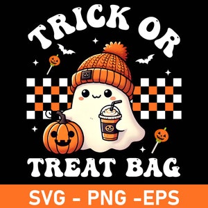 May include: A cute ghost wearing an orange knit hat and holding a pumpkin spice latte. The ghost is in front of a checkered background with the text "Trick or Treat Bag" above and "SVG - PNG - EPS" below.