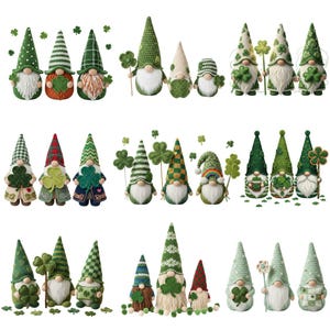 May include: A collection of St. Patrick's Day gnomes in various designs. The gnomes feature green hats, white beards, and some hold shamrocks. The gnomes are made of fabric and are arranged on a white background.