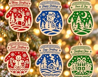 Christmas Mitten Gloves Ornament Bundle Svg, Xmas Winter Holiday Wood Decor for Glowforge Cut File Png