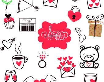Könnte beinhalten: Eine Sammlung handgezeichneter Illustrationen zum Valentinstag, darunter ein Herz mit Flügeln, ein Teddybär, der ein Herz hält, eine Tasse Kaffee mit einem Herz, ein Ring mit einem Diamanten, ein Glas mit Herzen, eine Geschenkbox mit Schleife, ein Schloss und Schlüssel, ein Vogel mit Herzen, ein Kalender mit der Nummer 14, ein Cupcake mit einem Herz, ein Pfeil und Herz, eine Rose, ein Umschlag mit Herzen und ein Schild mit der Aufschrift "Happy Valentine's Day".