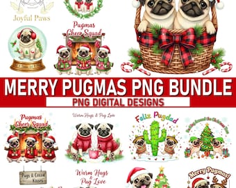 Pacchetto PNG Merry Pugmas - Clipart di carlini natalizi in sublimazione, lavoretti per le feste
